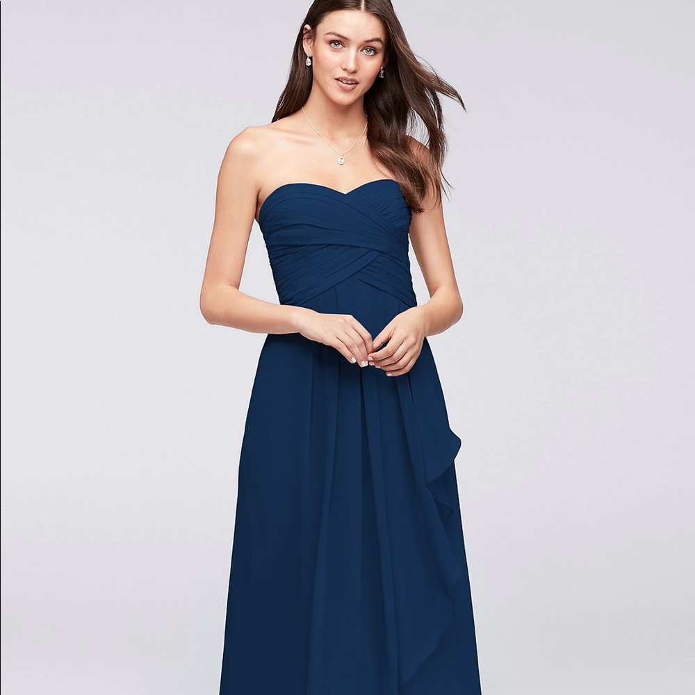 Strapless crinkle chiffon dress w/ cascade skirt